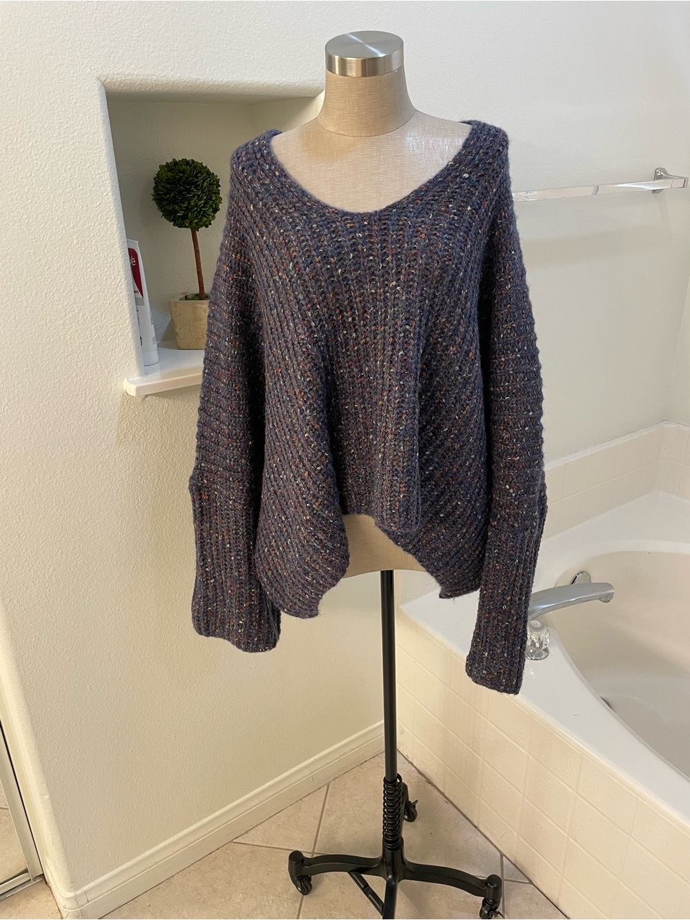 Cozy Oversized Navy/purple Speckled V-Neck Sweater